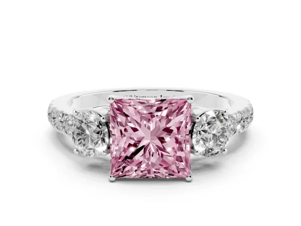 Fancy Pink Princess Cut Cut Diamond Three-Stone Ring with Round Side Stones and Pavé Band Platinum