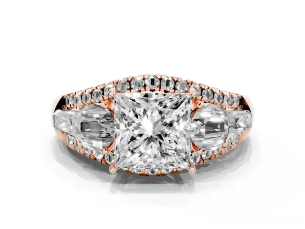 Three-Stone Princess Cut Diamond Engagement Ring with Pave Band and Prong Setting Rose gold