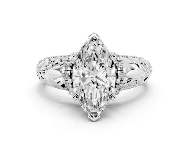 Marquise Cut Solitaire Filigree Engagement Ring with Halo and Prong Setting White gold