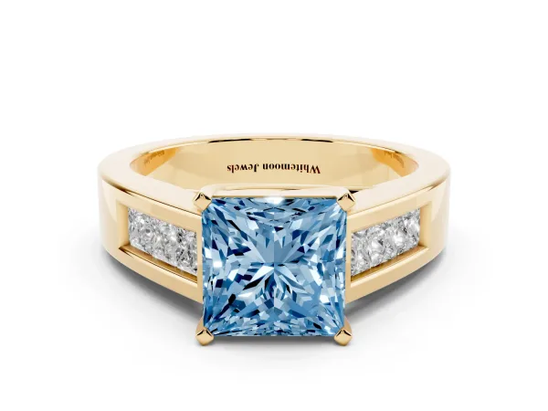 Fancy Blue Princess Cut Cut Channel Set Solitaire Ring with Four-Prong Setting Yellow gold