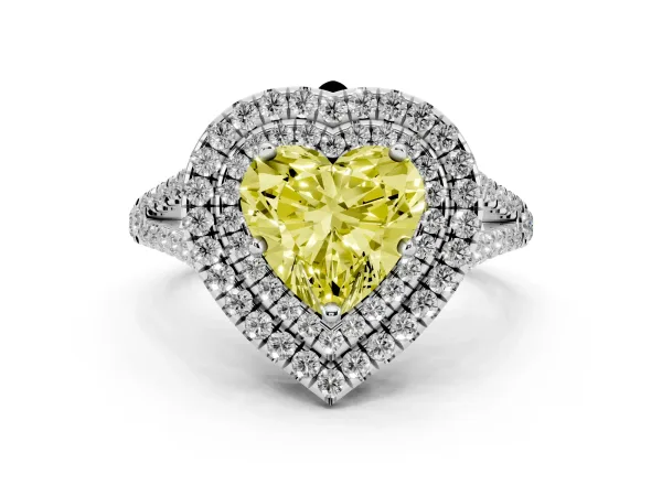 Fancy Yellow Heart Cut Diamond Double Halo Ring with Pavé Band and Prong Setting White gold