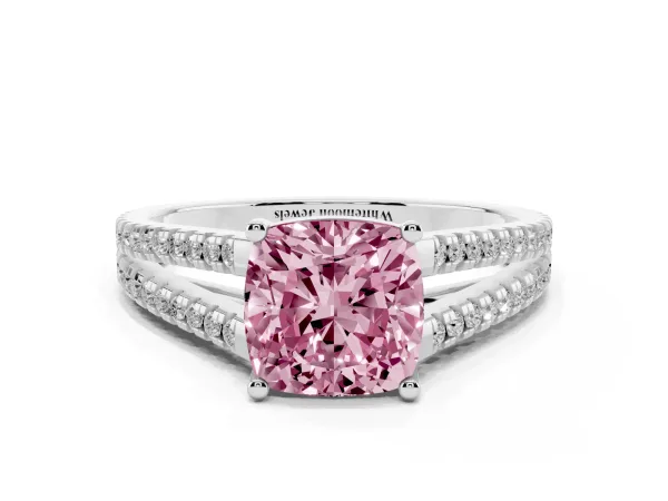 Fancy Pink Cushion Cut Diamond Solitaire Engagement Ring with Split Shank Pavé Band White gold