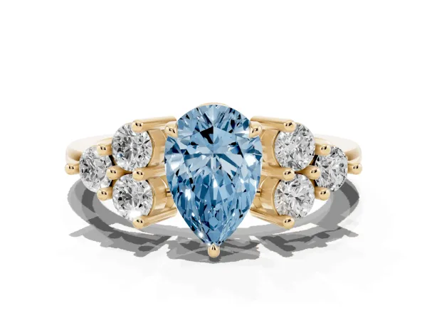 Fancy Blue Pear Cut Brilliant Diamond Cluster Accent Solitaire Ring with Prong Setting Yellow gold