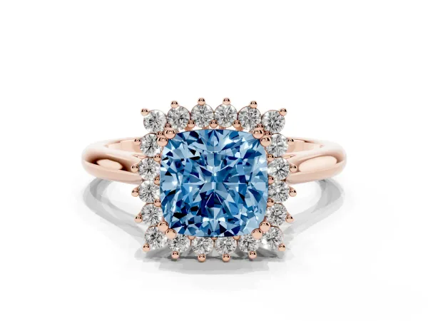 Fancy Blue Cushion Cut Cut Diamond Halo Ring with Solitaire Band and Prong Setting Rose gold