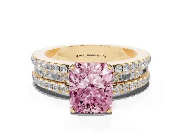 Fancy Pink Radiant Cut Diamond Solitaire Ring with Pavé and Channel Set Band Yellow gold