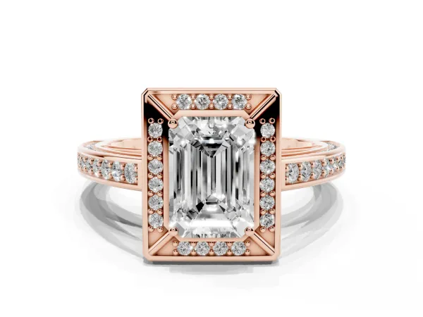 Emerald Cut Cut Halo Pave Split Shank Prong Setting Ring Rose gold