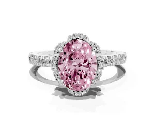 Fancy Pink Oval Cut Diamond Halo Pave Band with Four-Prong Setting Platinum