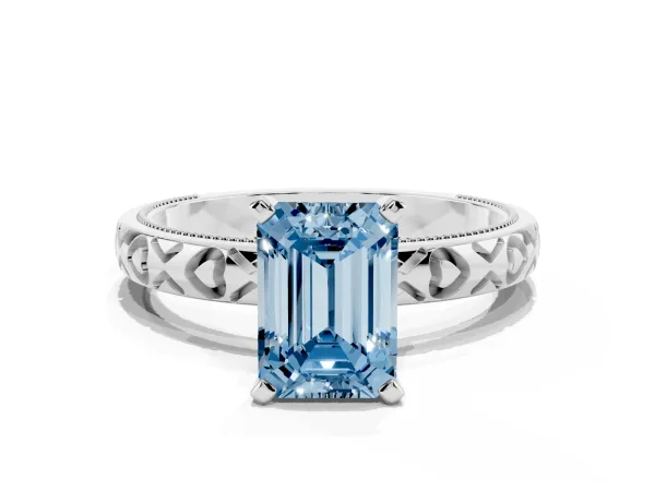 Fancy Blue Emerald Cut Solitaire Diamond Engagement Ring with XO Engraved Band and Four-Prong Setting Platinum