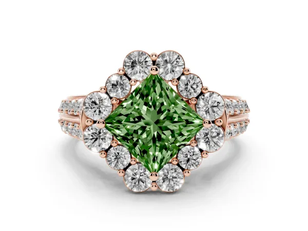 Fancy Green Princess Cut Halo Diamond Engagement Ring with Split Shank and Prong Setting Rose gold