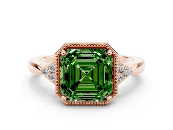 Fancy Green Milgrain Asscher Cut Cut Diamond Ring with Tapered Pave Band and Four Prong Setting Rose gold