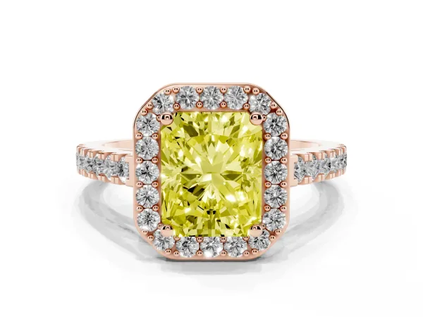 Fancy Yellow Radiant Cut Diamond Halo Ring with Round Pavé Split Shank and Prong Setting Rose gold