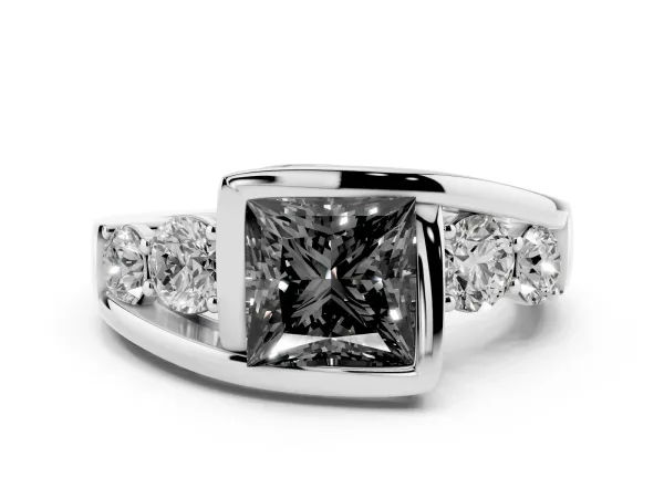 Fancy Black Bezel Set Princess Cut Diamond Bypass Ring with Round Accents Platinum