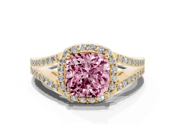 Fancy Pink Cushion Cut Halo Split Shank Diamond Ring with Prong Setting Yellow gold