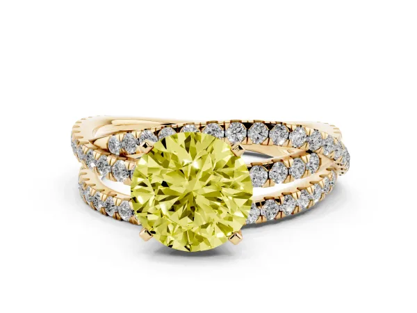 Fancy Yellow Round Cut Solitaire Twist Band with Pavé Setting and Four-Prong Setting Yellow gold