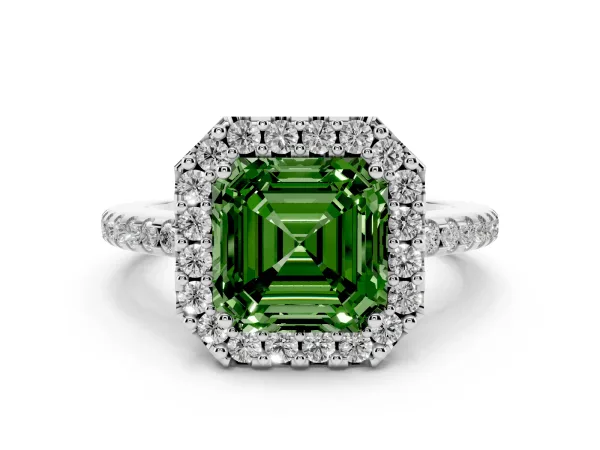 Fancy Green Asscher Cut Diamond Pavé Halo Ring with Four-Prong Setting White gold