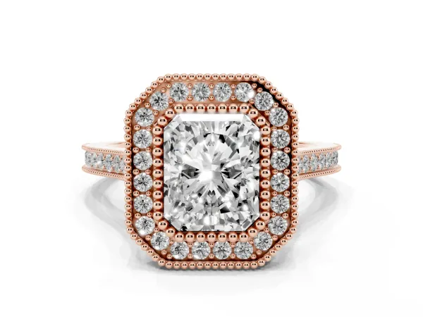 Radiant Cut Diamond Halo Ring with Milgrain Frame and Pavé Band Rose gold