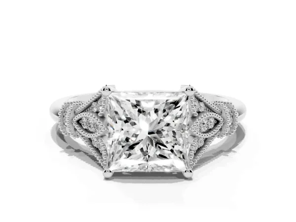 Princess Cut Diamond Solitaire Ring with Floral Filigree and Pave Accents Platinum