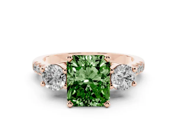 Fancy Green Three-Stone Radiant Cut Diamond Pavé Band with Four-Prong Setting Rose gold