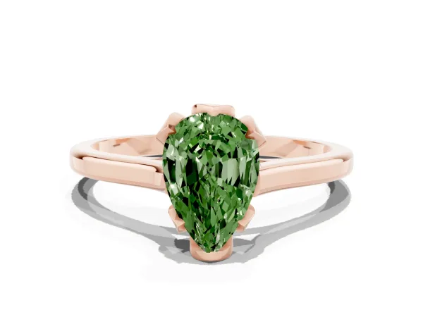 Fancy Green Pear Cut Diamond Solitaire Ring with Flower Prong Setting and Classic Band Rose gold