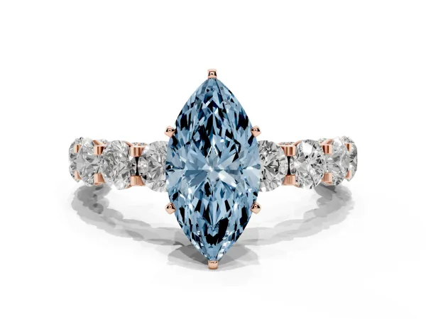 Fancy Blue Marquise Cut Diamond Side Stone Engagement Ring with Four-Prong Setting Rose gold