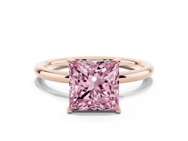 Fancy Pink Princess Cut Solitaire Diamond Ring with a Classic Band and Four-Prong Setting Rose gold
