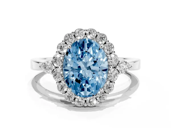 Fancy Blue Oval Cut Diamond Halo Ring with Pear Side Stones and Prong Setting Platinum