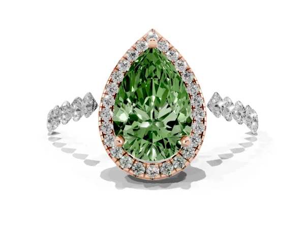 Fancy Green Pear Cut Halo Pavé Diamond Engagement Ring with Four-Prong Setting Rose gold