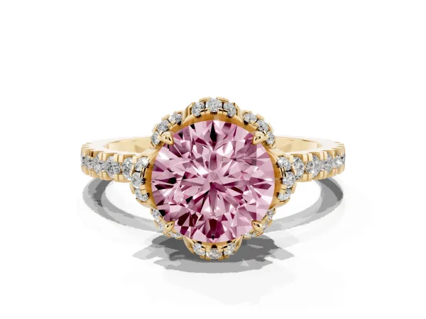 Fancy Pink Round Cut Halo Diamond Pave Band Ring with Four-Prong Setting Yellow gold