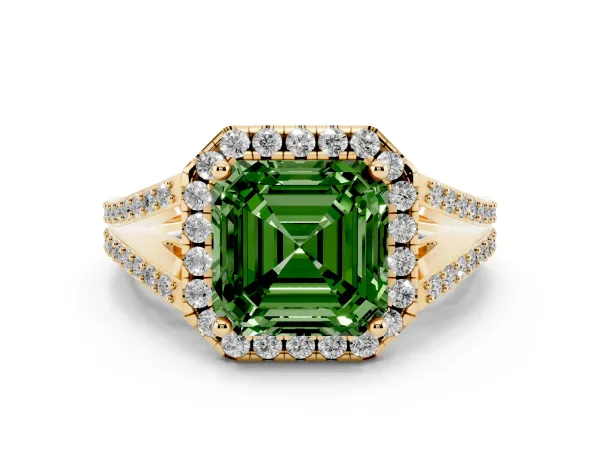 Fancy Green Asscher Cut Halo Split Shank Diamond Ring with Prong Setting Yellow gold