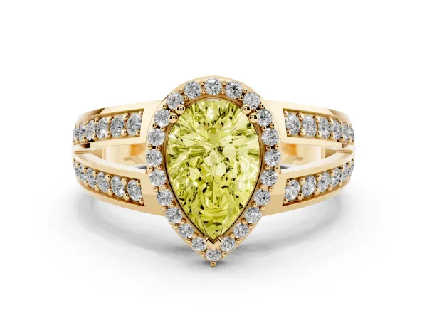 Fancy Yellow Pear Cut Diamond Halo Ring with Split Shank Pavé Band and Four-Prong Setting Yellow gold