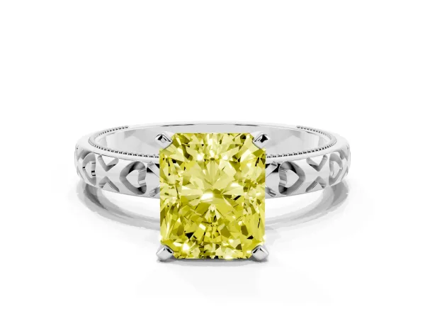 Fancy Yellow Radiant Cut Solitaire Diamond Engagement Ring with XO Engraved Band and Four-Prong Setting White gold
