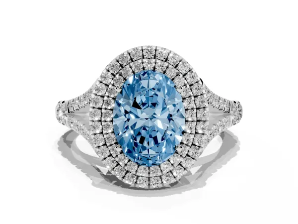 Fancy Blue Oval Cut Cut Double Halo Split Shank Diamond Ring with Prong Setting White gold