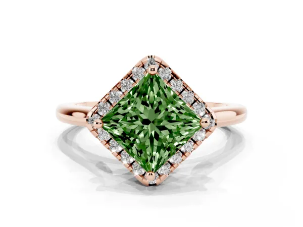 Fancy Green Princess Cut Halo Round Diamond Solitaire Engagement Ring with Pave Band and Four-Prong Setting Rose gold