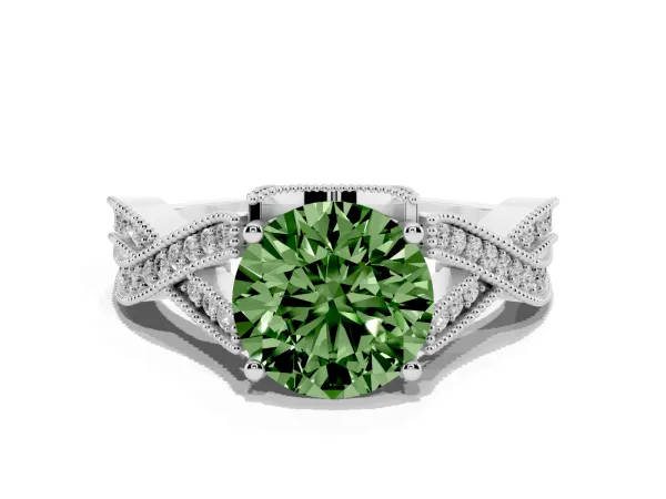 Fancy Green Round Cut Cut Diamond Twisted Band with Milgrain Pave Setting and Four-Prong Setting Platinum