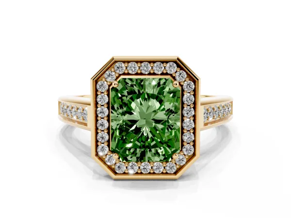 Fancy Green Emerald Cut Halo Solitaire Diamond Ring with Pave Band and Bezel Setting Yellow gold