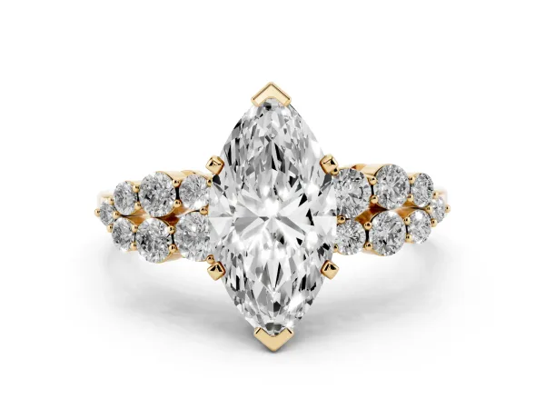 Marquise Cut Cluster Diamond Engagement Ring with Pavé Band and Four-Prong Setting Yellow gold