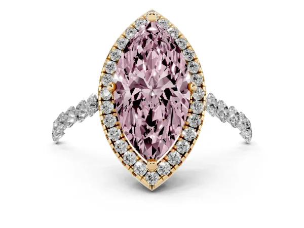 Fancy Pink Marquise Cut Halo Pavé Diamond Engagement Ring with Four-Prong Setting Yellow gold