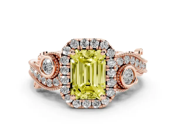 Fancy Yellow Emerald Cut Halo Diamond Ring with Milgrain and Bezel Accents on a Split Shank Band Rose gold