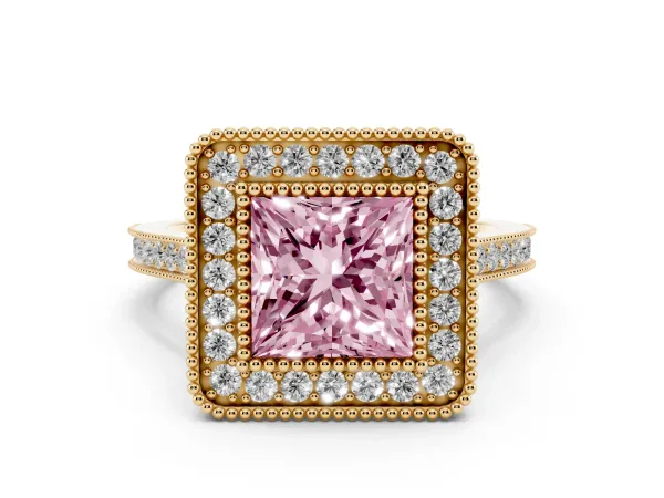 Fancy Pink Princess Cut Diamond Halo Ring with Milgrain Frame and Pavé Band Yellow gold