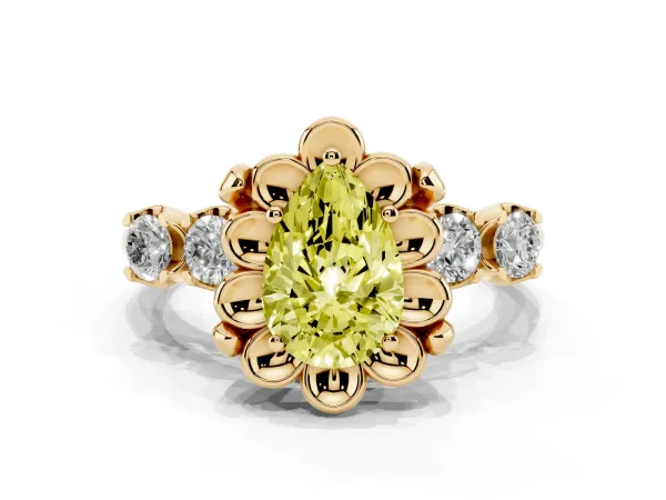 Fancy Yellow Pear Cut Cut Diamond Floral Halo Engagement Ring with Shared Prong Setting Yellow gold