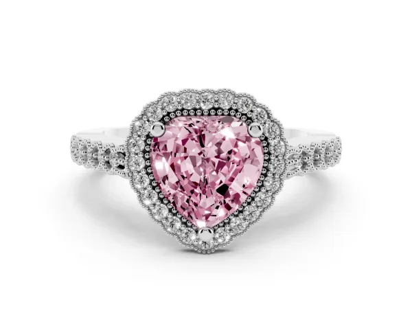 Fancy Pink Heart Cut Cut Halo Pavé Solitaire Ring with Milgrain Band Platinum