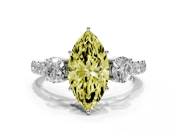 Fancy Yellow Marquise Cut Cut Diamond Three-Stone Ring with Round Side Stones and Pavé Band Platinum