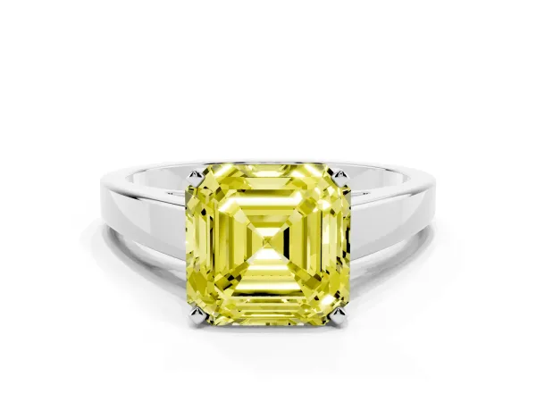 Fancy Yellow Asscher Cut Solitaire Engagement Ring with Four-Prong Setting and Tapered Band Platinum