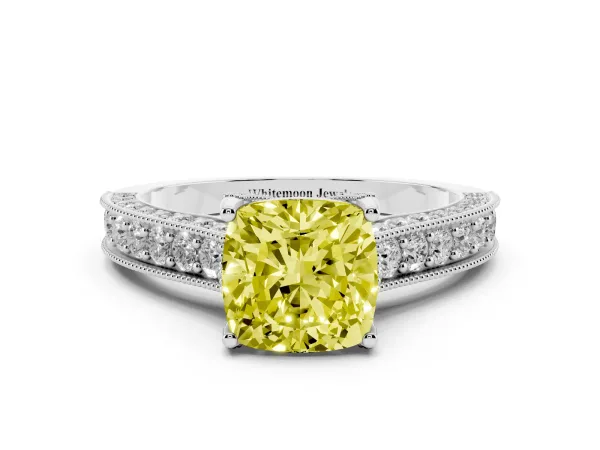 Fancy Yellow Cushion Cut Cut Diamond Solitaire Ring with Milgrain Pave Band and Four Prong Setting White gold