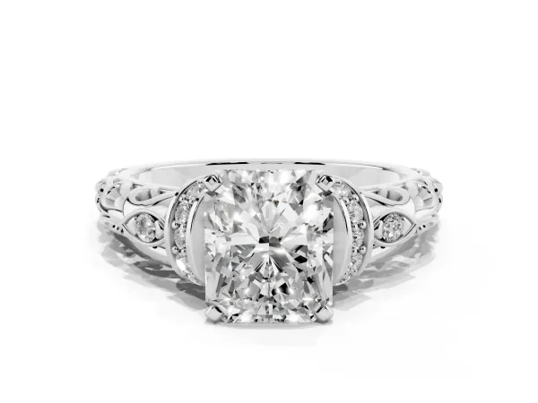 Radiant Cut Diamond Solitaire Ring with Filigree Band and Four-Prong Setting White gold