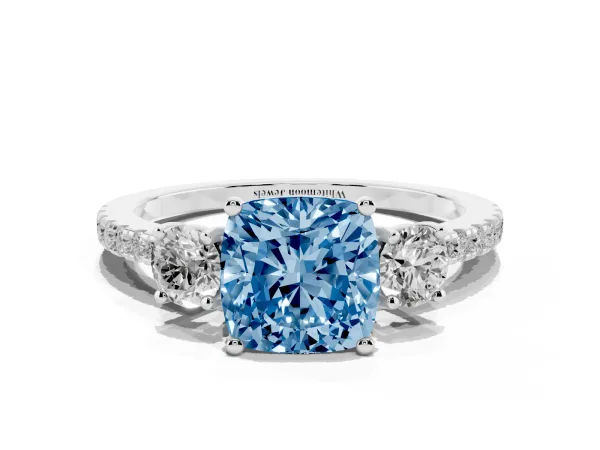 Fancy Blue Three-Stone Cushion Cut Cut Diamond Pavé Band with Prong Setting Platinum