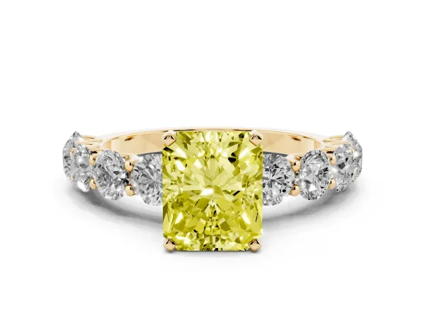 Fancy Yellow Radiant Cut Diamond Prong Setting with Side Stones on a Pave Band Yellow gold