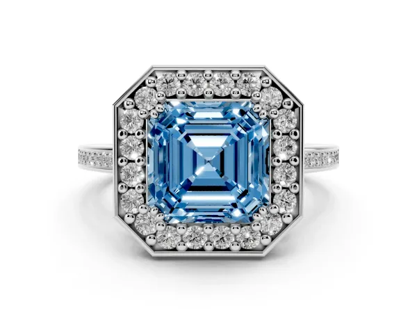 Fancy Blue Asscher Cut Diamond Halo Ring with Split Shank and Four-Prong Setting Platinum