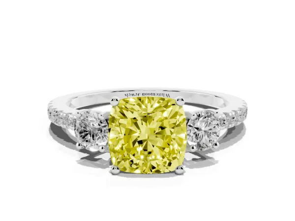 Fancy Yellow Three-Stone Cushion Cut Cut Diamond Pavé Band with Prong Setting Platinum