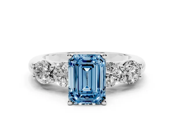Fancy Blue Emerald Cut Cut Five-Stone Prong Set Diamond Ring with Classic Band White gold
